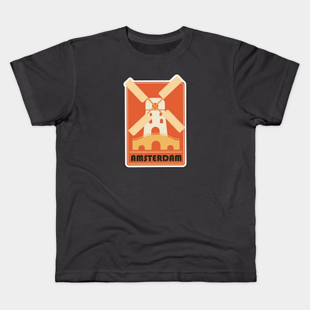 Retro Amsterdam Windmill Tourism Badge Kids T-Shirt by SLAG_Creative